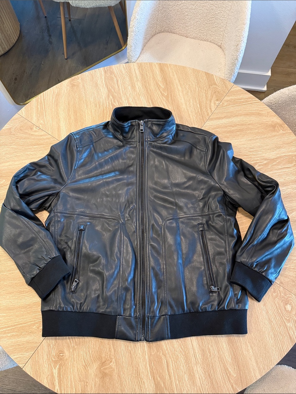 Calvin Klein Black Leather Bomber Jacket with Quilted Lining
